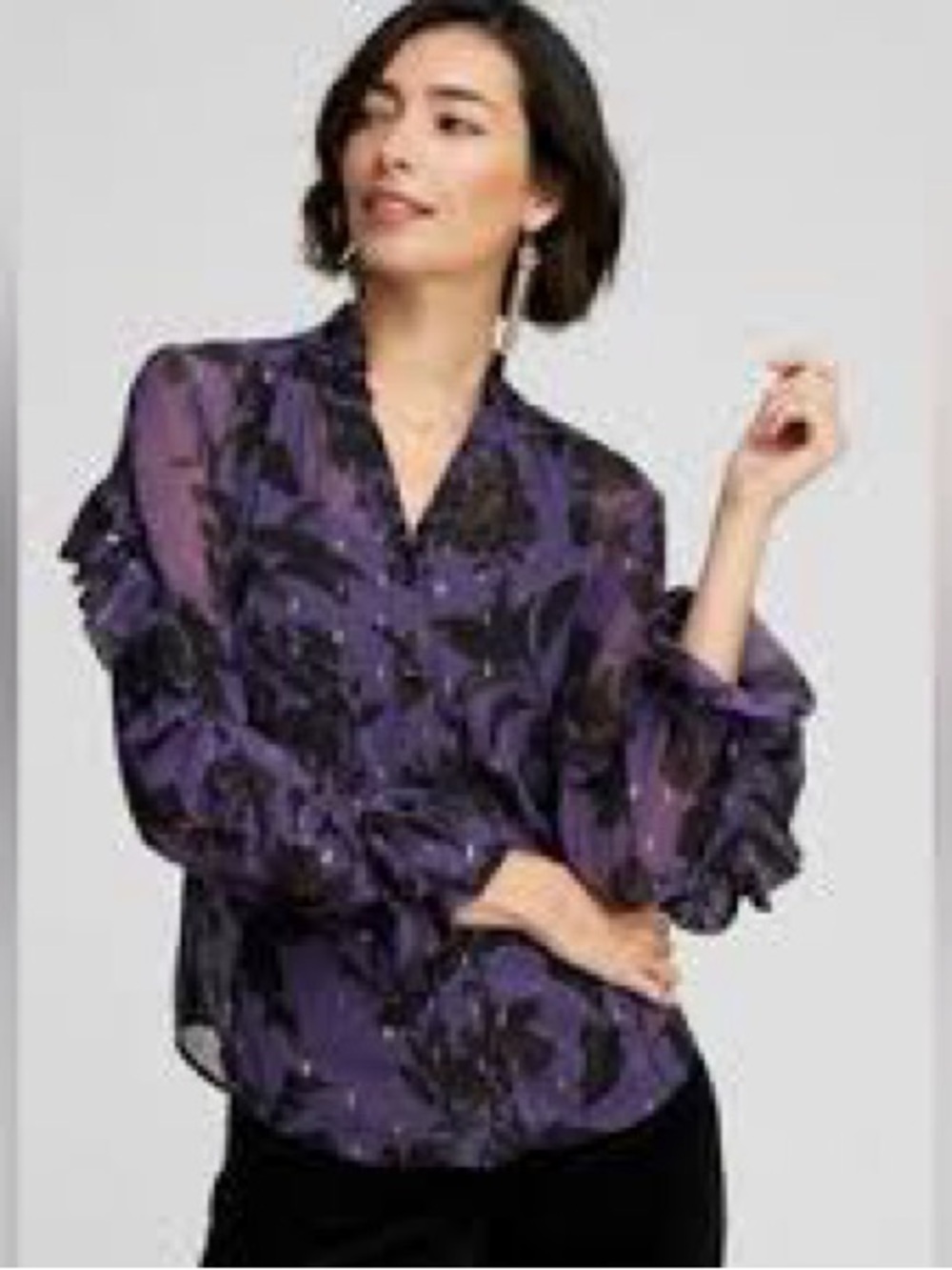 Plus size Chico's Purple Black Floral Ruffle Sleeve Blouse. 14